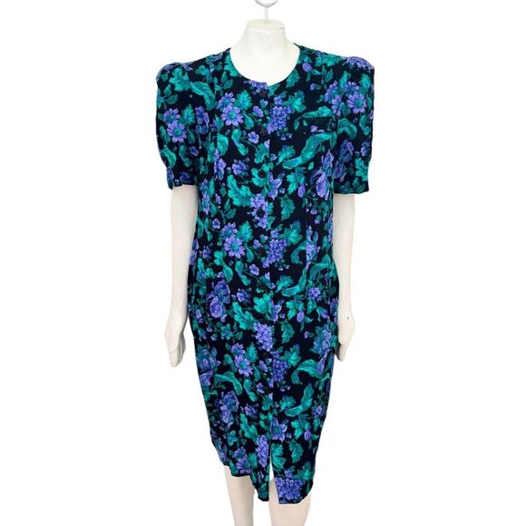 VTG 80s ADRIAN JORDAN Black Floral Button Front Sheath Dress SZ 14 - Picture 1 of 13